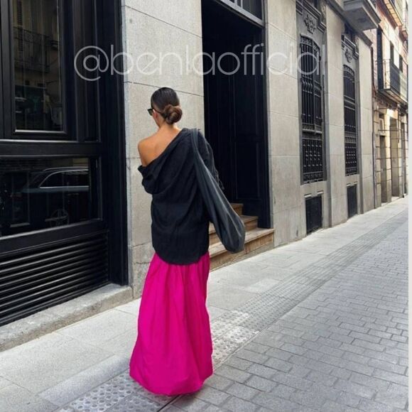 ZARA PRINCESS DIANA INSPIRED RHINESTONE FLARED HEM LONG CONTRAST DRESS BLACK FUC - Picture 7 of 14